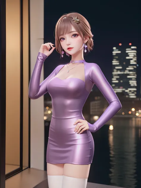 SYNNmimengye, 1girl, solo, jewelry,purple eyes, brown hair, earrings, breasts,white thighhighs, necklace,hair ornament,bangs, short hair, long sleeves, purple dress,  cityscape, night,looking at viewer, mature female, hand on hip, obesity,