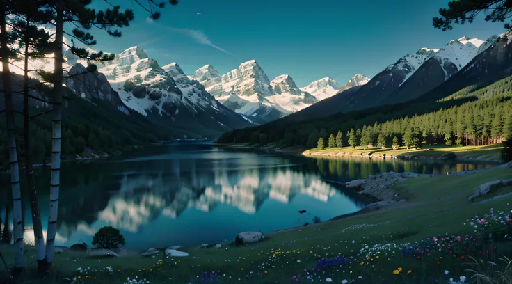 Towering snow-capped mountains, turquoise lake, (forest), flowers, trees, grass, bamboo, spring, sunny, strong sunlight, chiaroscuro, cliffs, panoramao, 8K, high quality