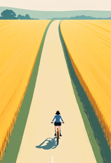 A girl riding her bike down the road in a yellow wheat field minimal illustration, minimal illustration style,, is in the style of Ryo Takemasa, bird’s eye view, award winning illustration artwork, graphic, Japanese countryside, minimal art, Ryo Takemasa s...