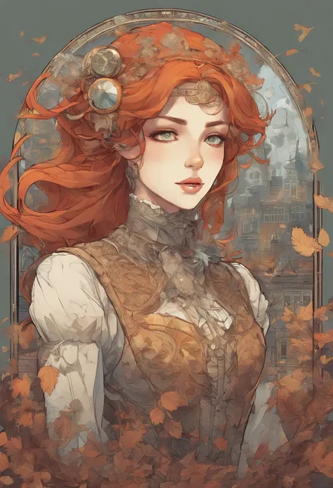 "&& Clear coat imagery Cute steampunk midage lady with scarlet hair, Glassy reflections, 2/3 angle face , && 16K graphic-res maximalist, autumn background, anime, maximalist nuances, 20_year_old_theater witch who looks like a 25 years old Raphaelite lady, ...