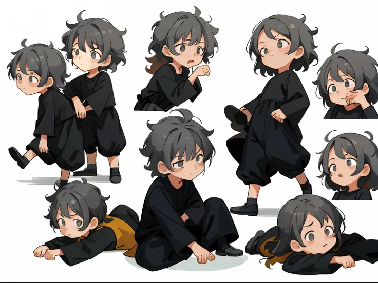 younge boy，multiple postures and expressions，Childrens book illustration style，، simple，adolable，full-color，Black loose blouse，Gray hair，Messy hair, flatcolors，Multiple poses and expressions, Highly detailed, Depth, Many parts