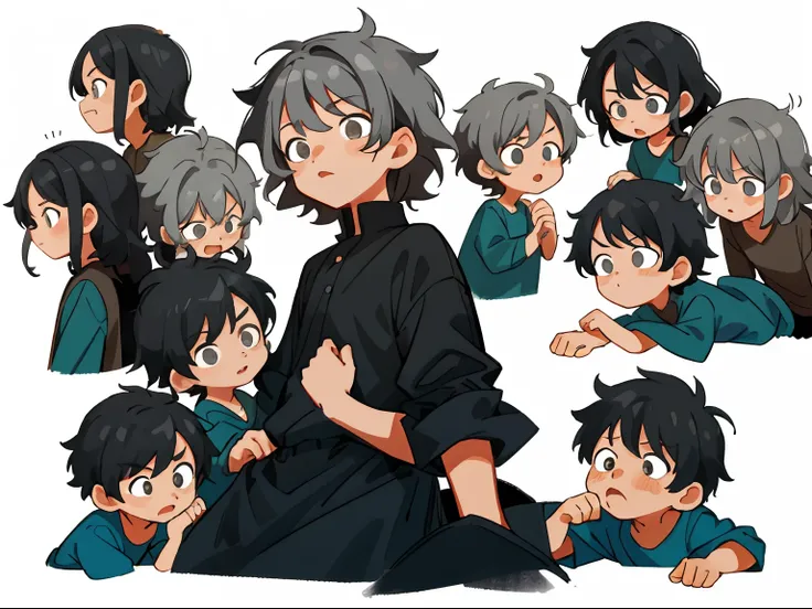 younge boy，multiple postures and expressions，Childrens book illustration style，، simple，adolable，full-color，Black loose blouse，Gray hair，Messy hair, flatcolors，Multiple poses and expressions, Highly detailed, Depth, Many parts