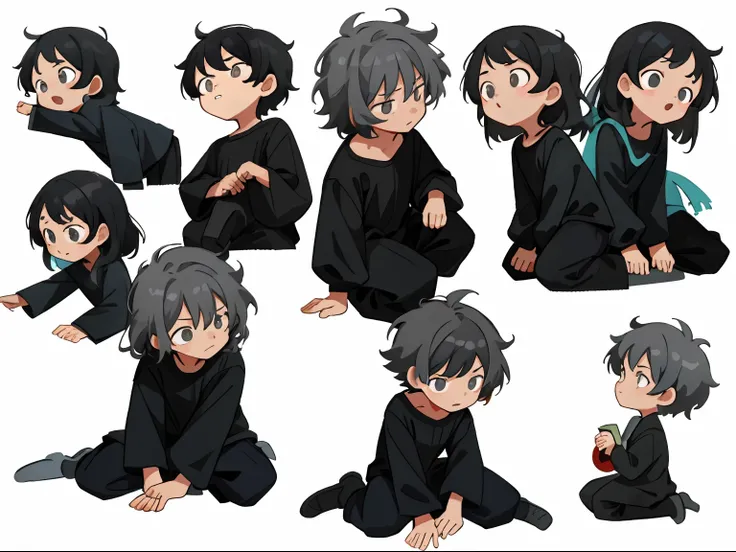 younge boy，multiple postures and expressions，Childrens book illustration style，، simple，adolable，full-color，Black loose blouse，Gray hair，Messy hair, flatcolors，Multiple poses and expressions, Highly detailed, Depth, Many parts