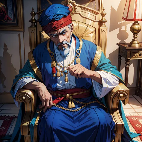 Moroccan Arab Legendary King Sultan Old Man With Blue Turban Next To Him Lord Dracula In These Red Turban 15 Years In The Throne Room Legendary Scene View 3D Camera Scene View