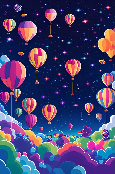 (Masterpiece: 1.2, HDR, 8k resolution, billion pixels), vector art by Kurzgesagt (four artists), sharply focused, white balloon flying high in the sky, carrying a telescope, with a starry sky in the background