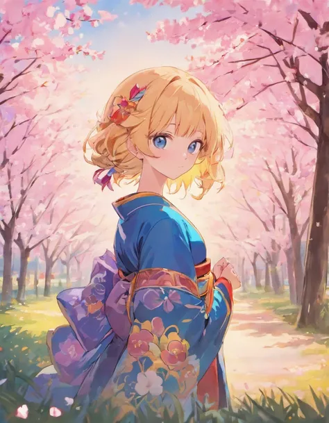 whaite hair，Blue eyes，Kimono with white，the cherry trees，grassy fields，benches，adolable，is shy，a beauty girl