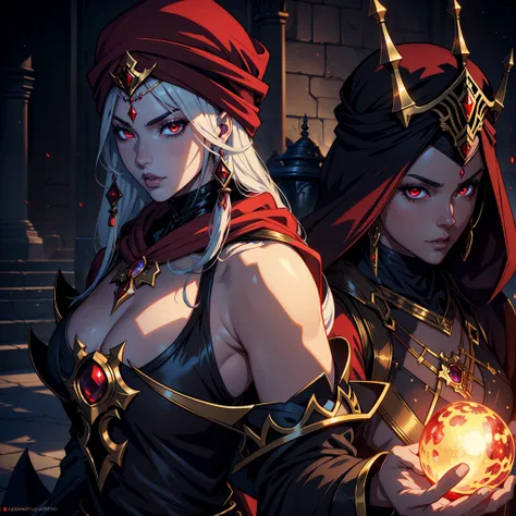 Castlevania Super Realistic Shadow Lord Super Detailed Dynamic Shot Of Very Beautiful Arabian Princess With A Red Turban Hokuto Portrait Zoom Sexy Sexy Face Shiny Face Eyes Glowing Mouth Red Crystal Shiny Glowing Eyes 3D View Full Body Outfit Moroccan Kaft...