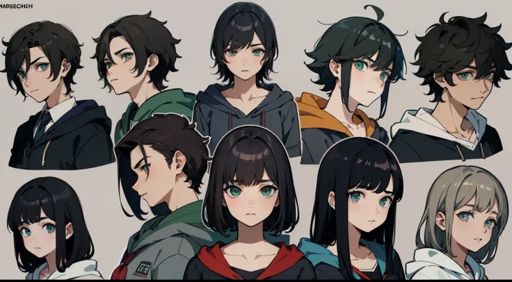 ((masterpiece, highest quality)), detailed face, character sheets, full bodyesbian, 1boys, green eyes, black hair,  short detail...