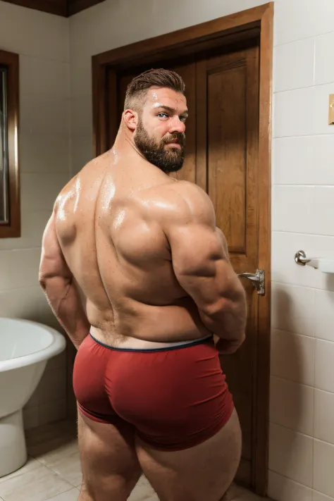 Chubby, muscular, 1man, very sweaty (sweat:1.2), face focus, thick brown beard, blue eyes, italian, age 30s, hairy, shirtless, ((red underwear)), standing, look at viwer, shot from behind, in front of bathroom door, realistic, high detail, masterpiece