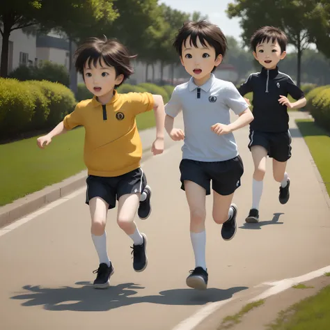 Three children running，quadratic element