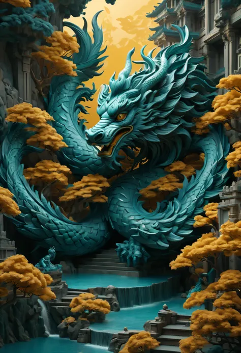 2pts by 3d artist guohua, in the style of detailed and intricate compositions, dark cyan and light amber, gigantic scale, trompe-loeil illusionistic detail, mythological references, depth of layers, 8k 3d