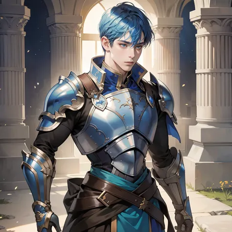 Masterpiece, high quality, best quality, HD, realistic, perfect lighting, detailed body, 1 man, blue short hair, expression, wearing armor, in the palace