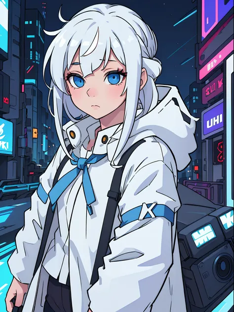 1girl,sniper girl,mecha girl ,Albino, cute, white hair, blonde hair, beautiful, long hair, blue eyes, wearing a parka jacket, cyberpunk jacket, hair with a ribbon,night light ((8k, UHD, ultra realistic))