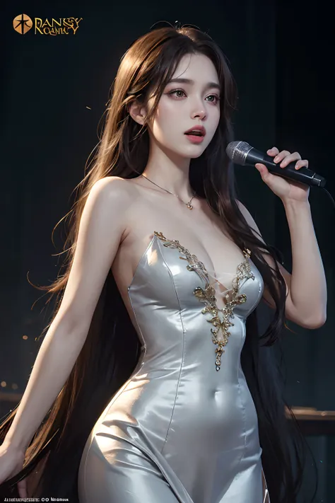 fantasy art, photorealism, Dynamic lighting, artstation, posters, Volumetric lighting, highly detailed faces, (Official Uniform: 1.4), Long hair, dress, delicate collarbone, bare shoulder, Full breasts, singing in karaoke