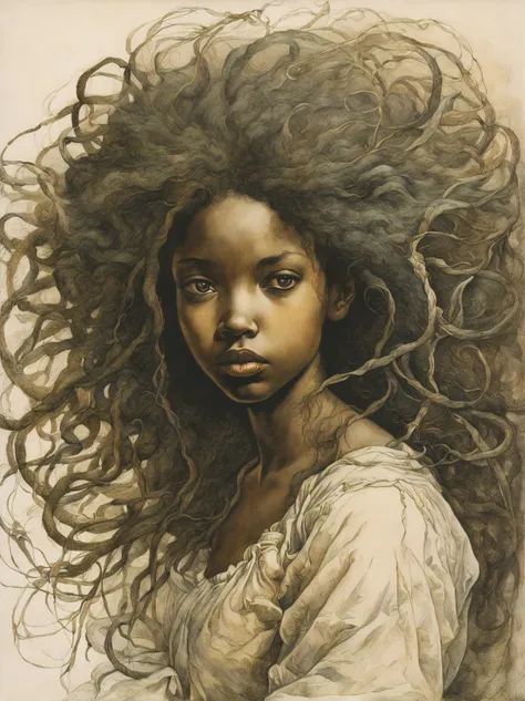 mezzotint color print of a beautiful young black girl tangled hair, detailed face, dynamic pose, by jean-baptiste monge, by hans...