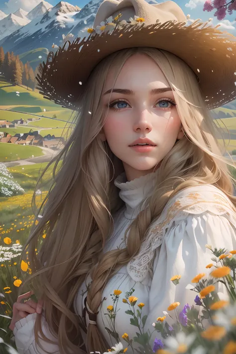 on a white horse, 20-year-old girl with long hair, grass field, wildflowers, snow mountains..