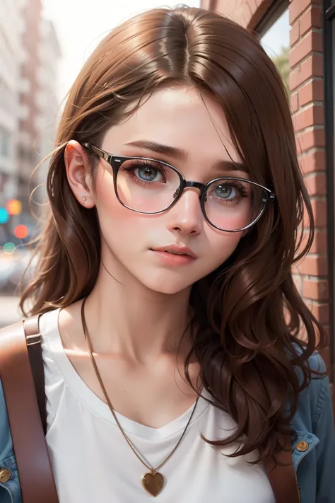 An 18-year-old cool girl with brown hair and glasses，head portrait