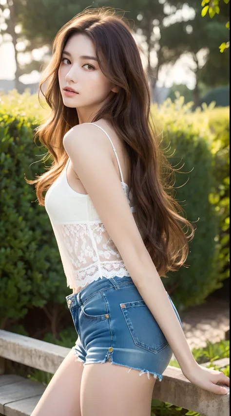 (Best quality, High resolution, Masterpiece :1.3), A pretty woman, Slender figure beauty, Dark brown hair styled in loose waves, (White pale skin), Wearing camisole and shorts, Outdoor with low light, Details exquisitely rendered in the face and skin textu...