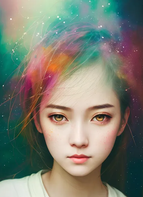 woman with agnes cecile, glowing design, pastel colors, ink drops, autumn lights, asian women, ((potrait, face only, looking at ...