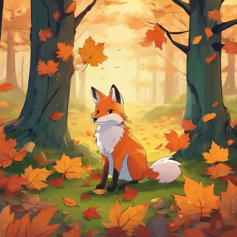 (Best Quality,4K,8K,hight resolution,masutepiece:1.2),Ultra-detailed, a lot of fallen leaves,Colorful autumn scene,Lonely Fox,cute fox,autumn forest,Fox in a cloak made of maple leaves,Hide fox,Tree roots,rainy day,serene ambiance,maple trees,Colored leave...