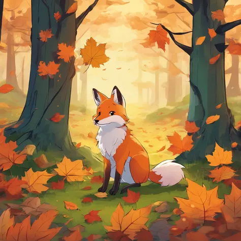 (Best Quality,4K,8K,hight resolution,masutepiece:1.2),Ultra-detailed, a lot of fallen leaves,Colorful autumn scene,Lonely Fox,cute fox,autumn forest,Fox in a cloak made of maple leaves,Hide fox,Tree roots,rainy day,serene ambiance,maple trees,Colored leave...