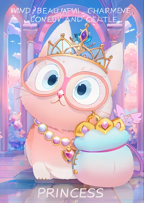 Cartoon cat with crown and bag of princess jewelry, beautiful animal pearl queen, anime visual of a cute cat, Cute detailed digital art, princess portrait, owl princess with crown, Kawaii cat, artificial intelligence princess, adorable digital art, very be...