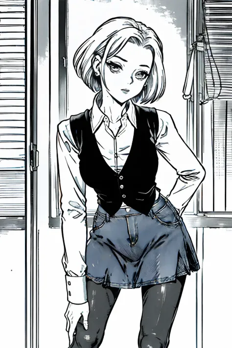 ((lineart, monochrome)),best quality, and18, 1girl, android 18, solo, short hair, earrings, jewelry, denim vest, open vest, black pantyhose, black shirt, denim skirt, striped long sleeves, skirt, medium breasts, cowboy shot, shirt off-the-shoulder, bent o...