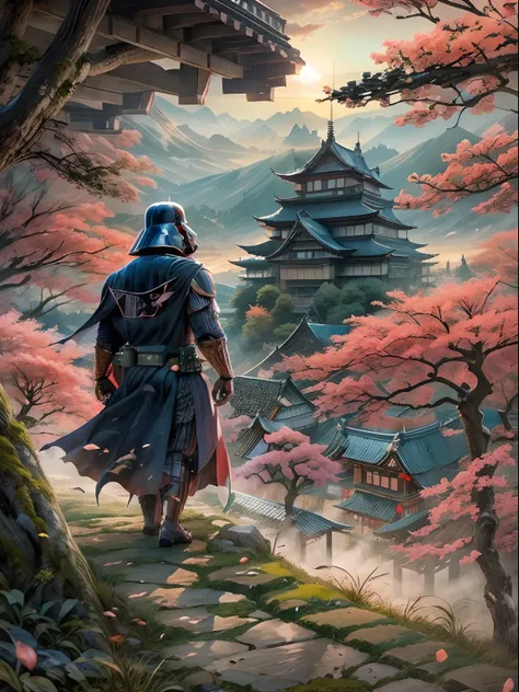 high detailed  darth vader samurai walking full armored to horizon with the sundawn. japanese castle around