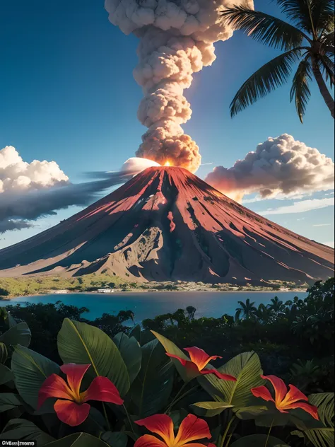 (active volcano，Smoke)，Surrounded by beautiful tropical islands, Lush greenery, Palm trees and flowers, The volcano is smoking, Beautiful lighting, beautiful shadows, lush scenery，