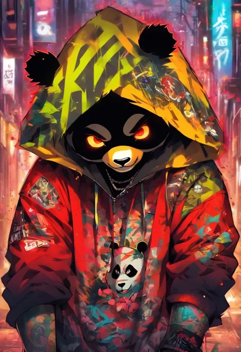 A cool and trendy panda, platinum hair, red eyes, wearing trendy hip hop clothing, wearing a hoodie, graphic t-shirt and torn jeans, tons of tattoos and piercings, graffiti style background, highly detailed background, perfect masterpiece, high quality, hi...