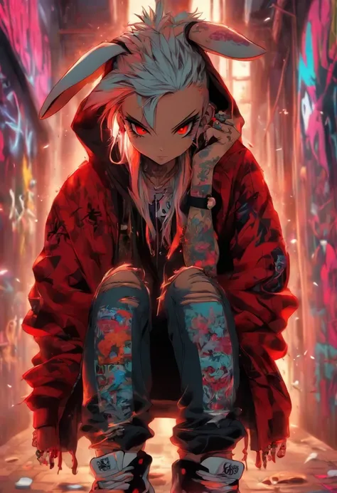 A cool and trendy rabbit, platinum hair, red eyes, wearing trendy hip hop clothing, wearing a hoodie, graphic t-shirt and torn jeans, tons of tattoos and piercings, graffiti style background, highly detailed background, perfect masterpiece, high quality, h...