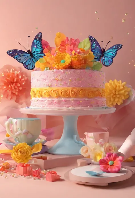 （Close-up of cake in cup），Flowers and butterflies in the cake，Illustration element，