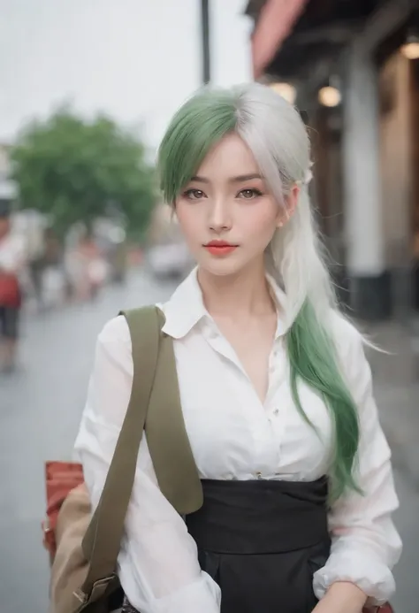 Masterpiece , Best quality,Nahida(Genshin Impact), 1girll , White shirt:1.5 ,Side ponytail ,White hair ,multicolored hair, Green eyes,leisure wear , Hat , Black choker, bag , Green hair,Busy roads , City life