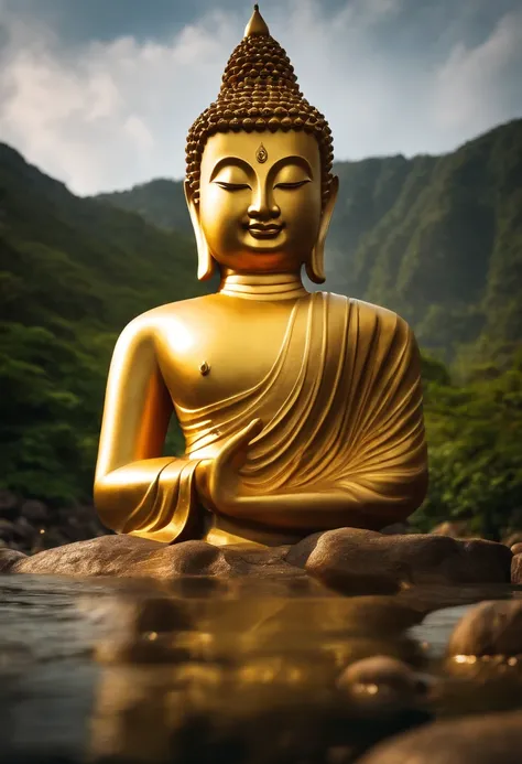 ((RAW photos))Virtual Golden Buddha Face 1:1 On a large mountain, a sharp face with a slight smile, below is water, there is a lotus flower, 8K contrast.