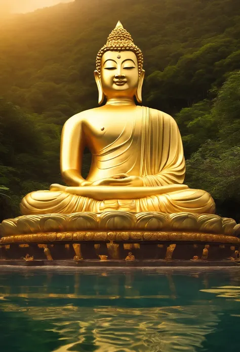 ((RAW photos))Virtual Golden Buddha Face 1:1 On a large mountain, a sharp face with a slight smile, below is water, there is a lotus flower, 8K contrast.