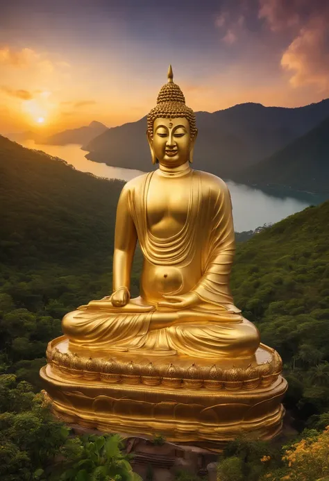 ((RAW photos))Virtual Golden Buddha Face 1:1 On a large mountain, a sharp face with a slight smile, below is water, there is a lotus flower, 8K contrast.