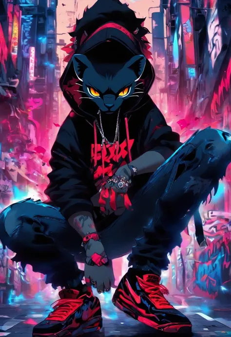 A cool and trendy panther, platinum black hair, big red eyes, wearing trendy hip hop clothing, wearing a hoodie, graphic t-shirt and torn jeans, tons of tattoos and piercings, graffiti style background, highly detailed background, perfect masterpiece, high...