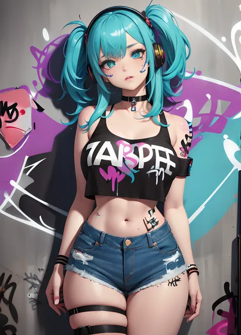 masterpiece, best quality, voluptuous, 1girl, solo, crop top, denim shorts, choker, (graffiti:1.5), paint splatter, arms behind back, against wall, looking at viewer, armband, thigh strap, paint on body, head tilt, bored, multicolored hair, aqua eyes, head...