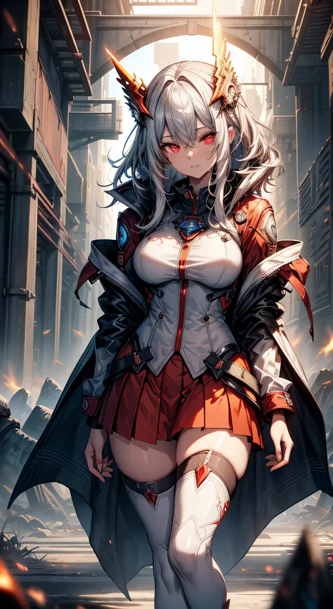 Bright silver futuristic goddess girl in work clothes ((Blood red pleated tight suit)) with (golden lines) accent (((Skirt))) (((Long-sleeved goddess robe))) With fireballs, (Cut the robe), (Runes on the skin), Epic, elite, ((rae)), futurism, Cyberpunk, Si...