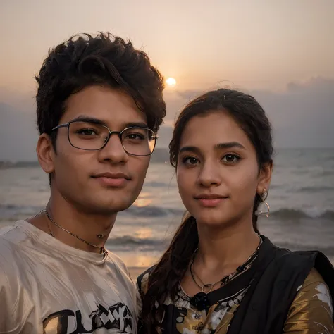 Change background beach with sunset, handsome boy, realistic faces, realistic midium white skin colour to both, boy in black hoodie and girl in saree, realistic photography, 8k ultra hd,