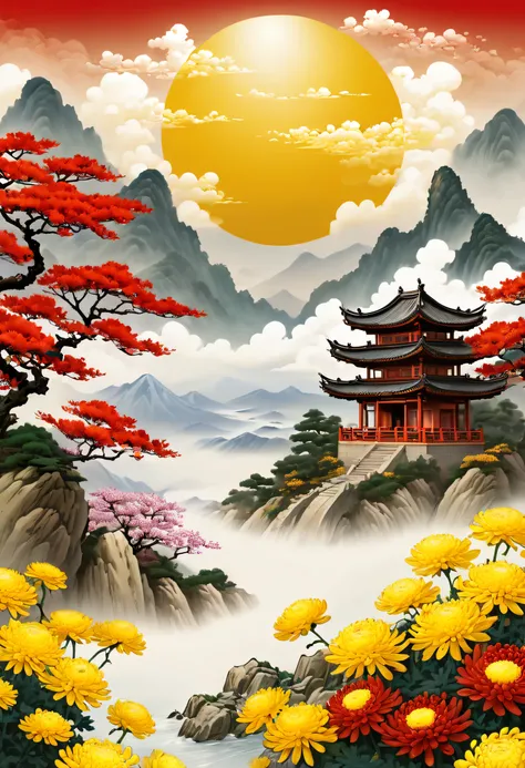 National tide wind, (Big Red Sun :1), Mountains, Clouds :1, Mountains, rivers, Flowers, Hills, Peaks, Mountains, Pavilions, Ancient buildings, Auspicious clouds, Mountains, Yellow chrysanthemum