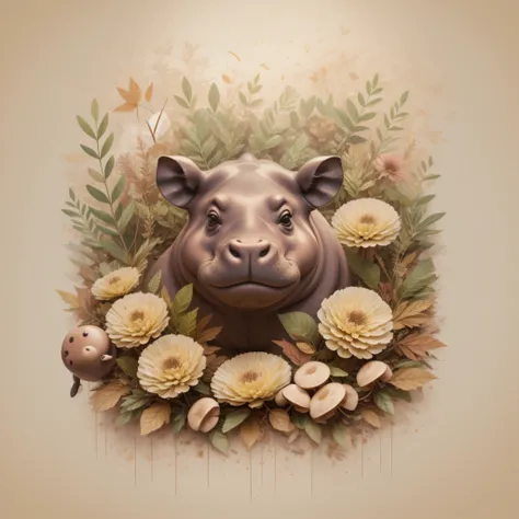 Theres a hippopotamus in a pile of leaves and mushrooms, hipopotamo caprichosa,Ethereal hippopotamus, por Jeka Kemp, Beautiful autumn spirit, autumn, Hippopotamus illustration, por Andrée Ruellan, Hermoso hopopotamo, por Caroline Chariot-Dayez, hipopotamo ...