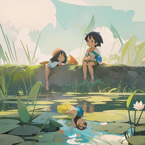 Warm summer，There is a pond at the bottom of the picture，There are a small number of lotus leaves，Above is a clear sky，In the middle are rice fields and grass，There are children sitting on the dirt slope in the middle，calm afternoon, studio ghibli artstyle...