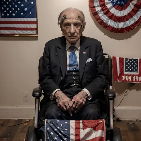 (((dying corrupt politician))) named "Holden Bloodfeast", (((a 109 year old man))), sickly, oxygen tank, (sitting in a motorized wheelchair), official photo, ((US flag in the background with Star_of_David replacing stars)), wearing a baggy tuxedo, caricatu...