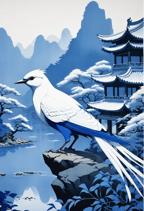 Asian illustrations, several blue and white birds, fictional landscapes, photos taken by Fuji superia, Chinese punk, precision art