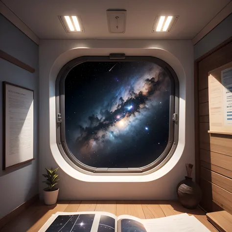 Create an image of a view of space from inside a ship