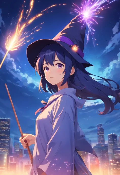 girl with、soio、kawaii、Witchish、academy、Wearing a witchs hat、Not convinced、Anxious、｛｛｛Indigo hair｝｝｝、Long hair in braids、Surrounded by white light、Eyes are purple、Beautiful eyes、Mysterious aura、Broom in one hand、Mistress、childlike