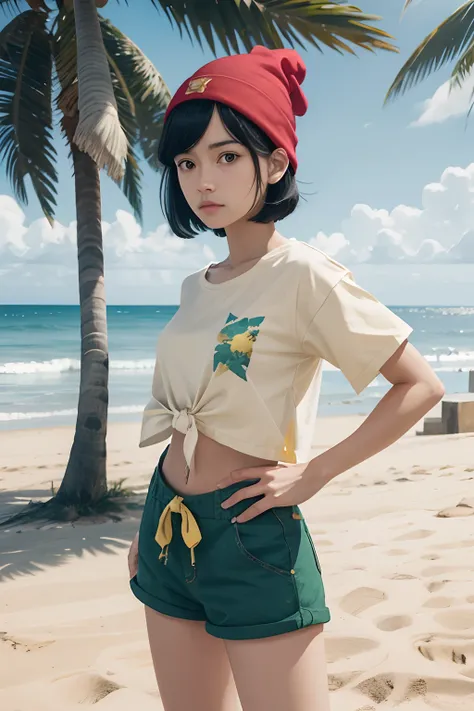 selene,girl, black eyes, short black hair, green shorts, red beanie,yellow floral shirt, tied shirt, midriff, looking at viewer, serious, 
standing, hands on hips, outside, beach house, palm trees, blue sky, 
extreme detail, hdr, realistic detail, analog,