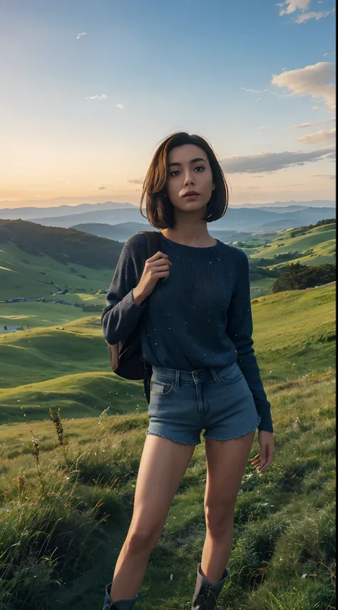 (beautiful and magnificent skyline, majestic sky), (extremely tense and dramatic pictures, moving visual effects), (high hanging Polaris, colorful natural light), (1girl), (long-sleeved top, denim shorts, carrying a backpack), (dynamic pose:1.3, black eyes...