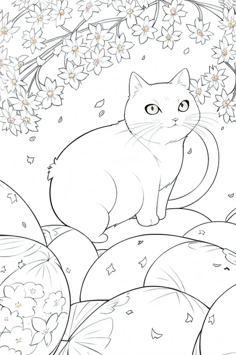 lineart, monochrome,masterpiece, best quality, Cat, animal, simple_background, cherry_blossoms, confetti